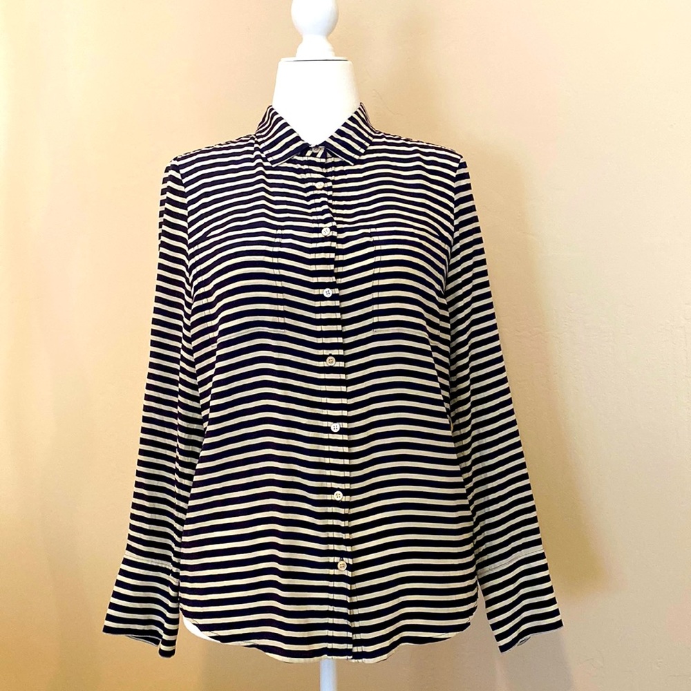 J. Crew Nautical Navy and Cream Stripe 100% Silk - The Boy Shirt - Size 10